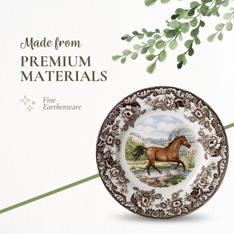 Spode Woodland American Quarter Horse Dinner Plate - 10.5 Inch Fine Earthenware with 1831 British Flowers Border, Microwave, Oven, Freezer & Dishwasher Safe - Made in England, Equestrian Tableware - Image 4